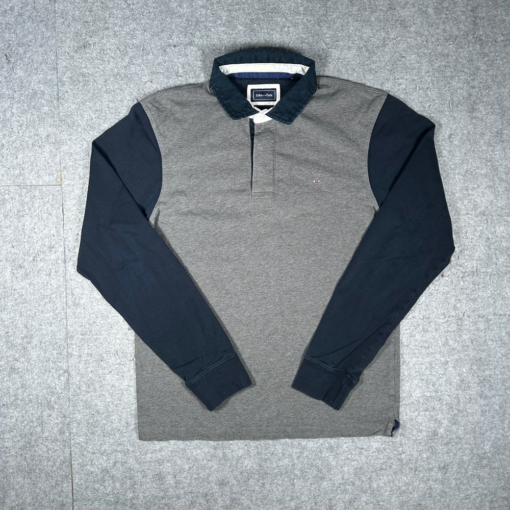 Eden Park Polo Men M Grey Navy Blue Rugby Shirt Long Sleeve Graphic Sporty